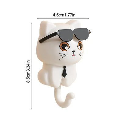 Coat Hooks Cat Key Holder Cute Cat Key Hook with Sunglasses Adhesive Coat Hooks Key Holder for Wall Decorative for Coat Bag
