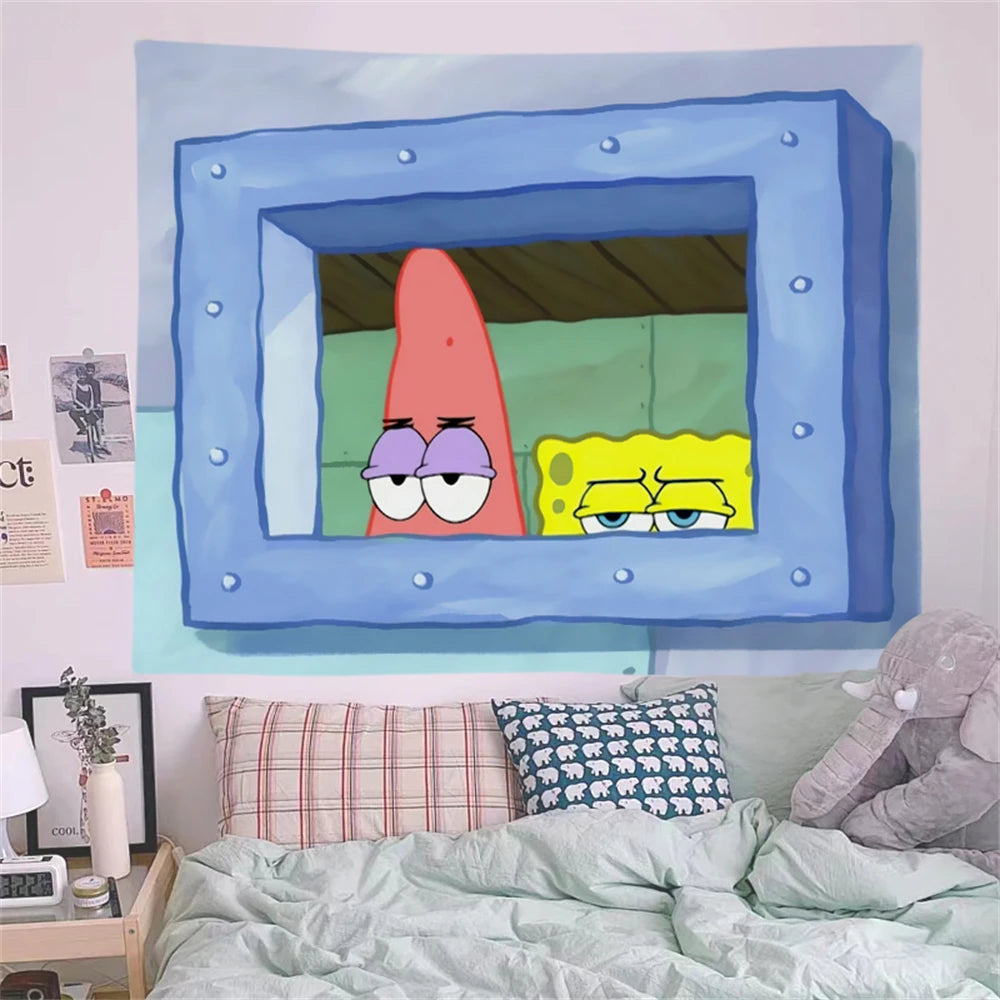 SpongeBob Squidward Cartoon Decoration Background Hanging Cloth Bedroom Tapestry Room Decor Festival Party Tapestry Wall Hanging