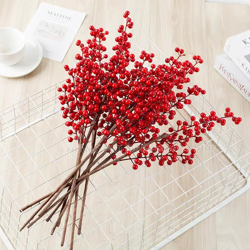 Red Berry Branches Simulation Bouquet Christmas Festival Artificial Decoration Vase Home Decor Yule Wedding Party Fake Flowers
