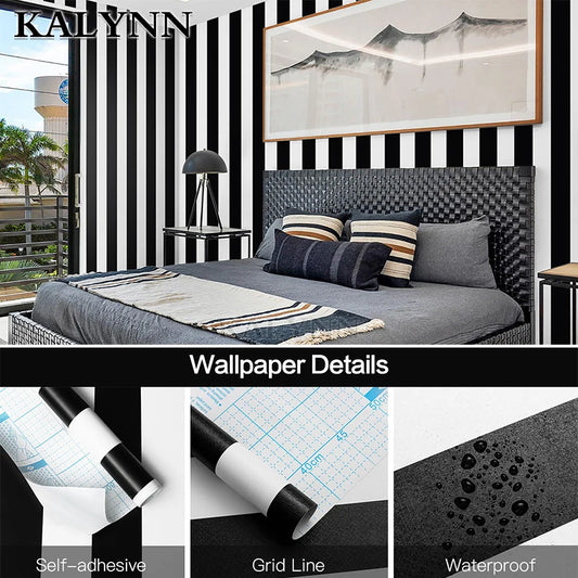 Stripe Black White Peel and Stick Wallpaper Vinyl Waterproof Self-Adhesive Wallpaper Removable Contact Paper Decorative Stickers