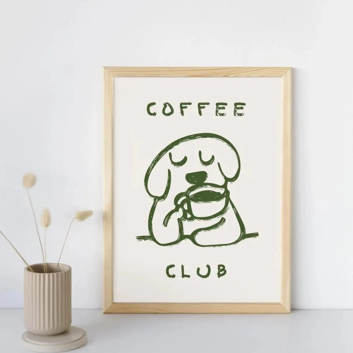 Retro Bonjour Dog Coffee Canvas Print Funny Dog Coffee Club Kitchen Wall Art Poster for Modern Living Room Bedroom Home Decor