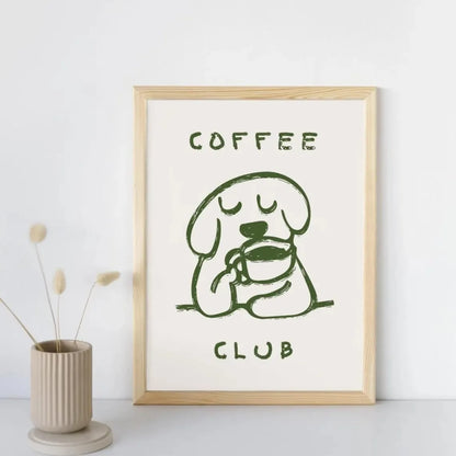 Retro Bonjour Dog Coffee Canvas Print Funny Dog Coffee Club Kitchen Wall Art Poster for Modern Living Room Bedroom Home Decor