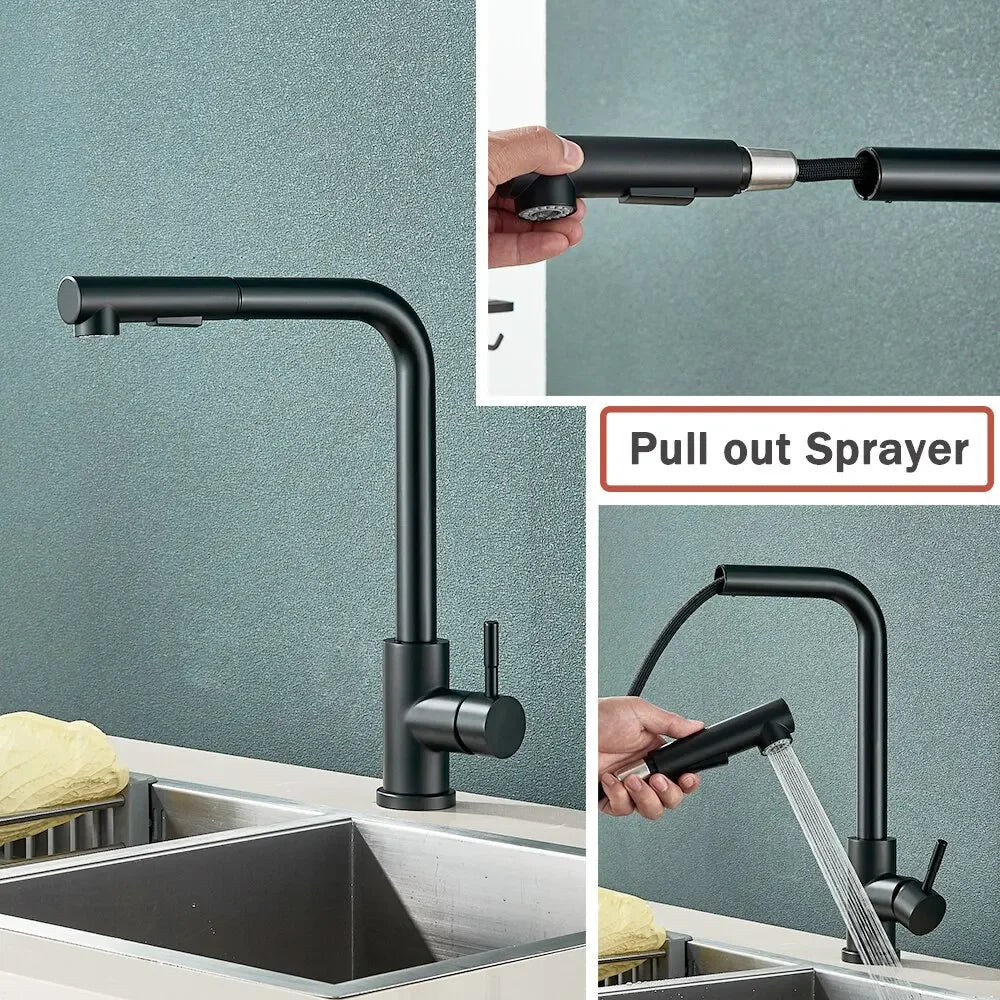304 Stainless Steel Black Kitchen Faucet Two Function Single Handle Pull Out Mixer Hot and Cold Water Taps Deck Mounted