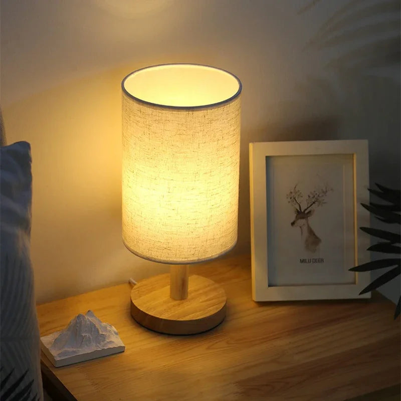 USB plug Lamp Night Lights Table Lamp For Bedroom Wooden Desk Lamp Bedside Night Light with Cylinder Lamp Shade Home Decor