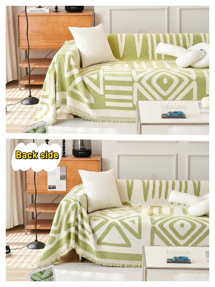 Boho Style Chenille Sofa Towel with Tassels, Double-side, for Living Room Camping Picnic Large Blanket Leisure Relax Beach Towel