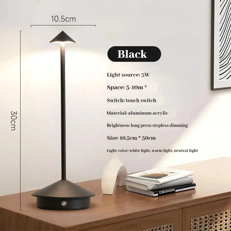 Rechargeable Cone Head Touch Sensor LED Table Lamp - 3 CCT Stepless Dimming for Restaurant Hotel Bedroom Bar Home Decor