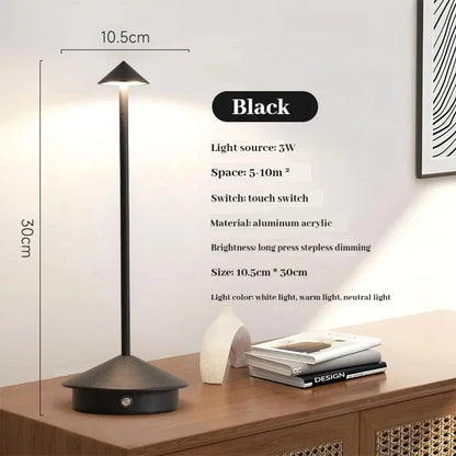 Rechargeable Cone Head Touch Sensor LED Table Lamp - 3 CCT Stepless Dimming for Restaurant Hotel Bedroom Bar Home Decor