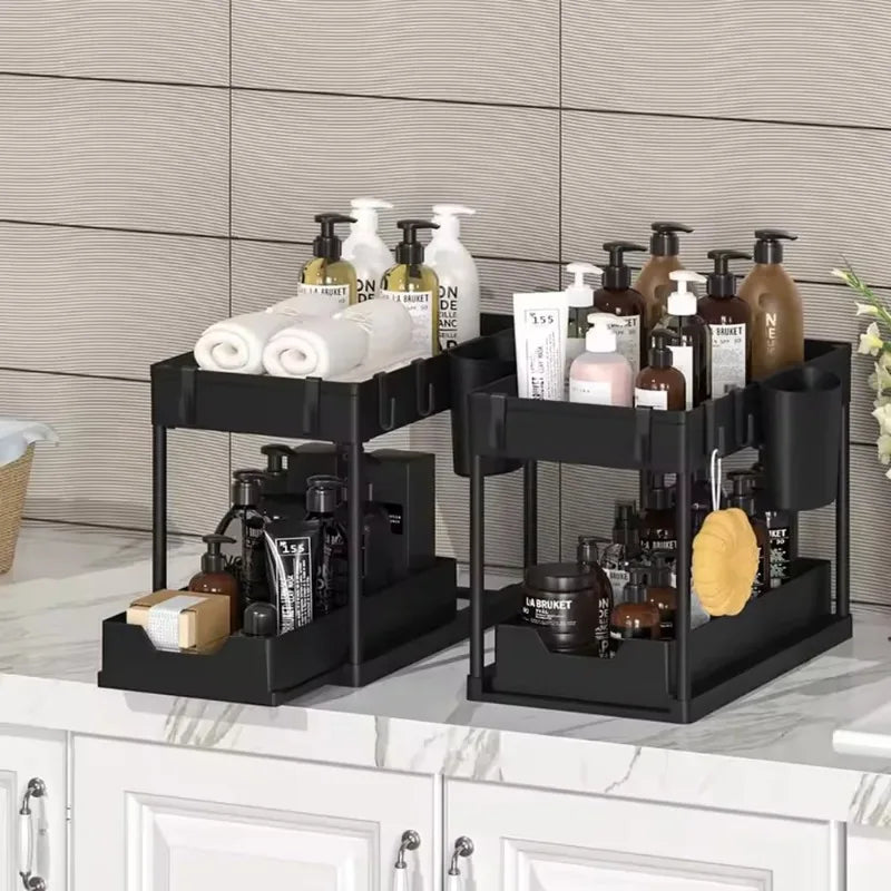 2-Tier Sliding Under Sink Organizer - Cabinet Basket Storage Rack with Hooks and Hanging Cup for Kitchen and Bathroom