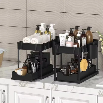 2-Tier Sliding Under Sink Organizer - Cabinet Basket Storage Rack with Hooks and Hanging Cup for Kitchen and Bathroom