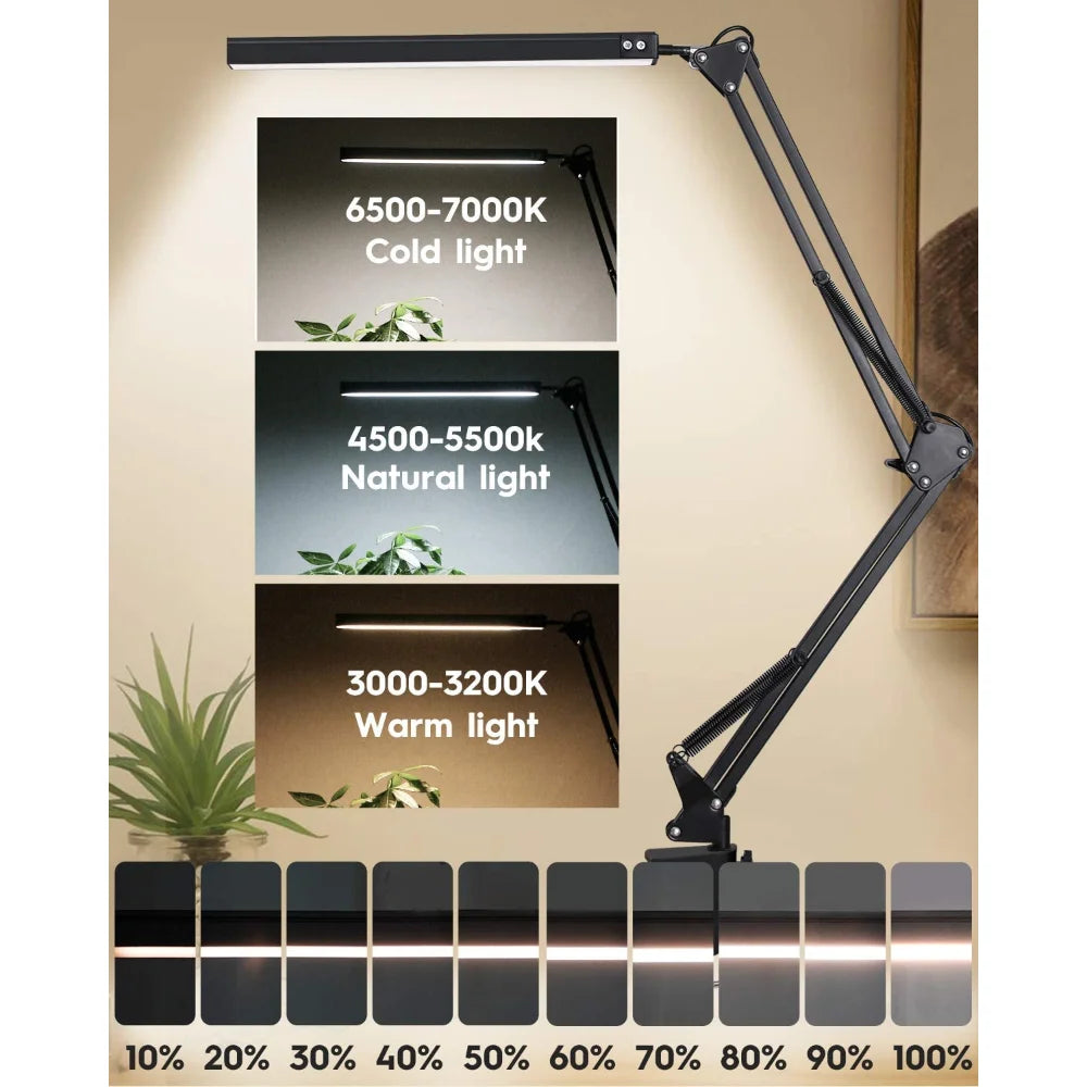 10W LED Desk Lamp with Clamp Swing Arm Eye-Caring Dimmable Desk Light 10 Brightness Levels 3 Modes USB Charging