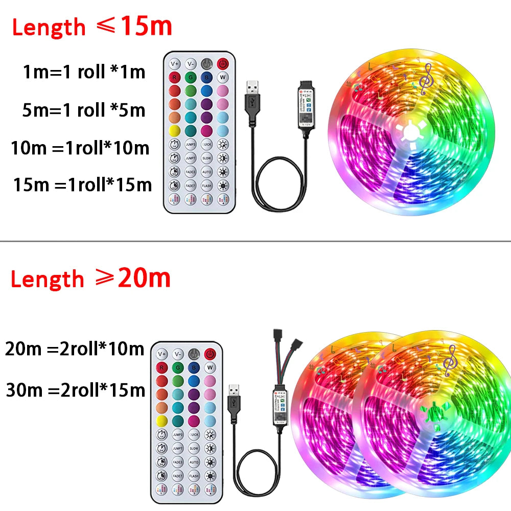 RGB Led Strip Lights for Room 1M 5M 10M 20M 30M USB 5V Music Sync APP Control Led Tape FLexible Ribbon for Bedroom Home Decor