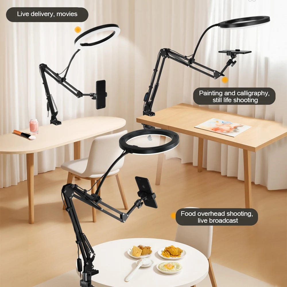 LED USB Fill Light with Phone Live Streaming Stand Flexible Gooseneck Circular Fill Light for Phone Live Streaming Clamp or Base