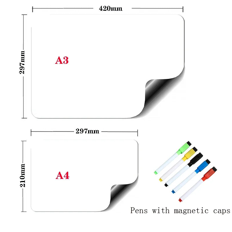 1Pc Flexible Magnetic Whiteboard Stickers A3+A4 with Erasable Markers Refrigerator Memo Board for Kitchen Grocery List