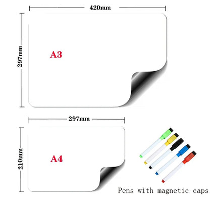 1Pc Flexible Magnetic Whiteboard Stickers A3+A4 with Erasable Markers Refrigerator Memo Board for Kitchen Grocery List