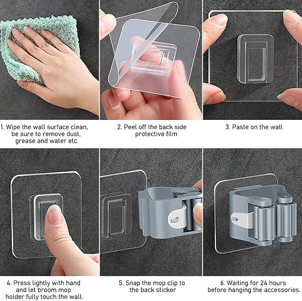 4Pcs Self Adhesive Mop Holder Broom Holder Wall Mounted White Mop And Broom Holder No Drill Wall Mounted Organizer Clip Wall Mou
