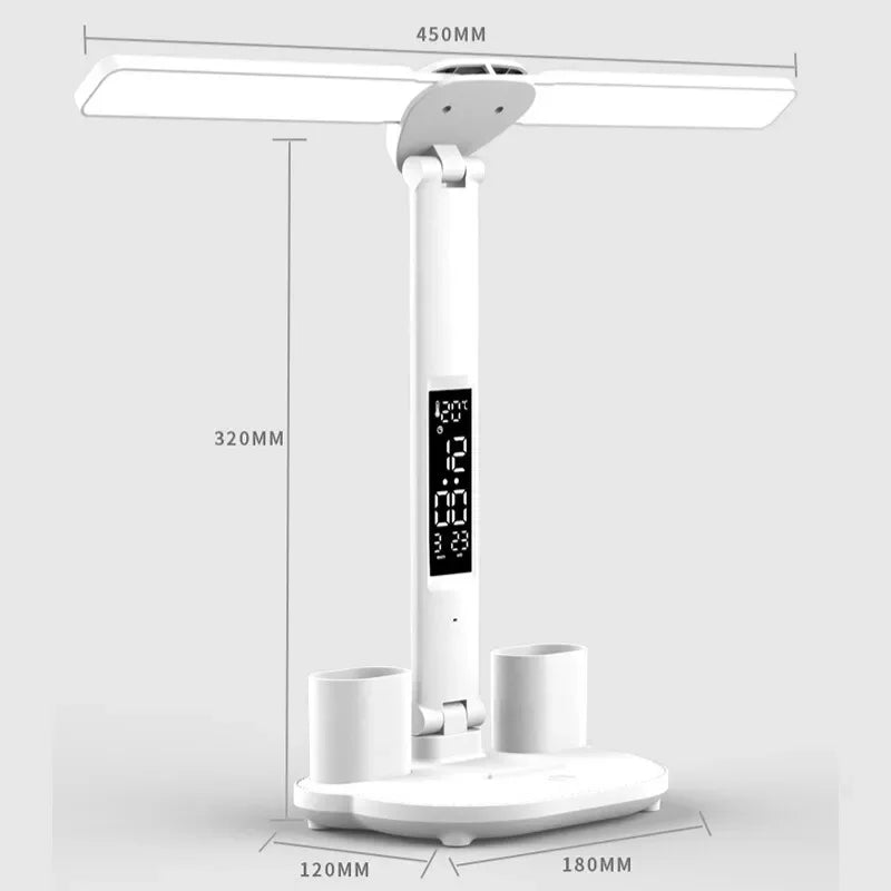 LED Table Lamp Double-Headed USB Chargeable Dimmable Desk Lamp with Calendar Clock Foldable Eye Protection Reading Night Light