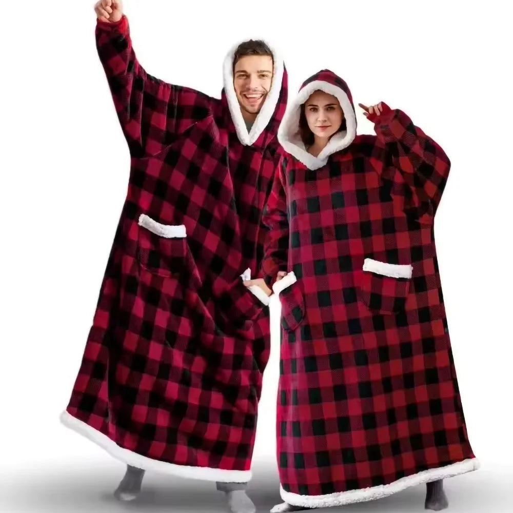 150/180cm Winter Thick Blanket Extra Plush Hoodie Lengthened Large Pocket Imitation Cashmere Home Coat Fleece TV Blanket 1pc