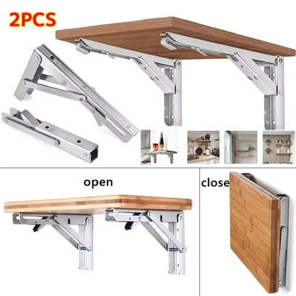 2PCS Heavy Duty Triangle Folding Angle Shelf Bracket Stainless Steel Collapsible Shelf Bracket for Table Work Bench Wall Mounted