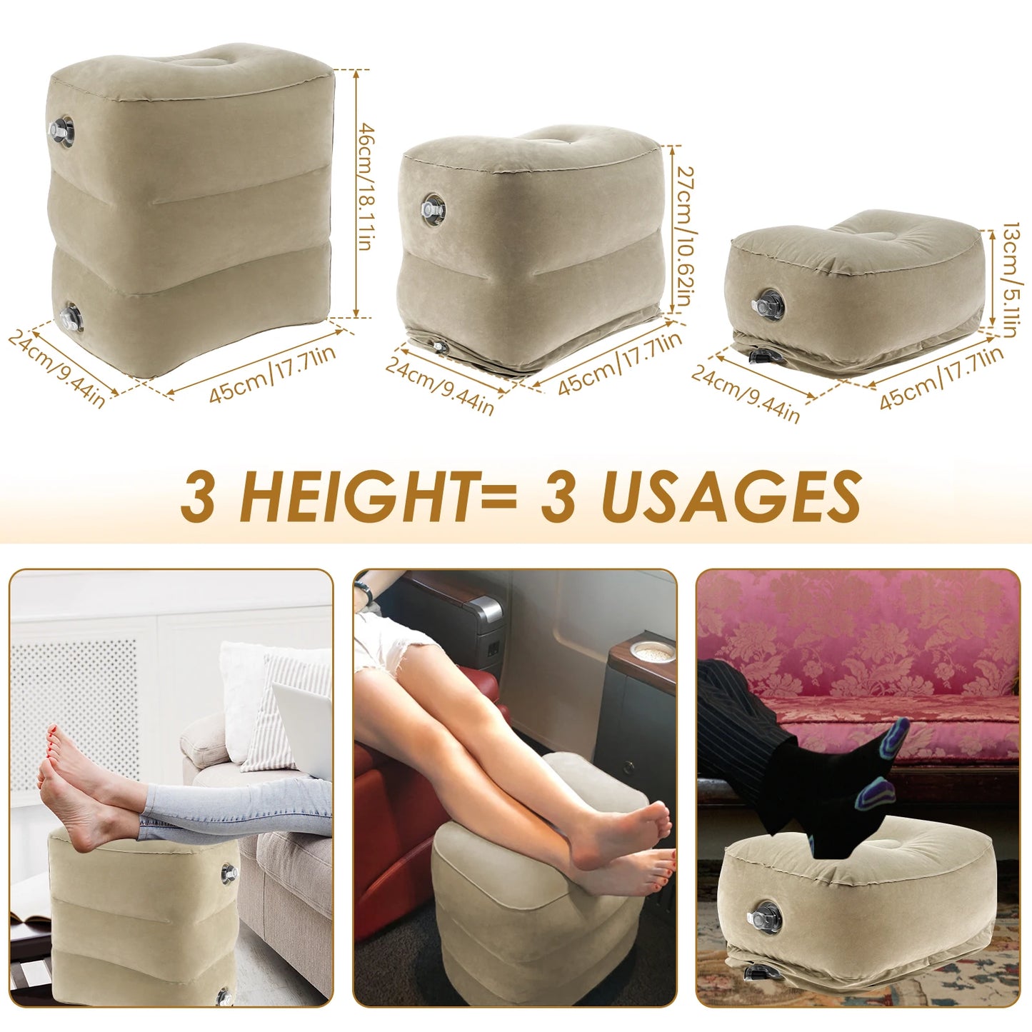Inflatable Footrest Pillow PVC Flight Sleeping Footrest Rest Pillow 3 Layer Height Adjustable Car Bus Travel Foot Rest Pillow