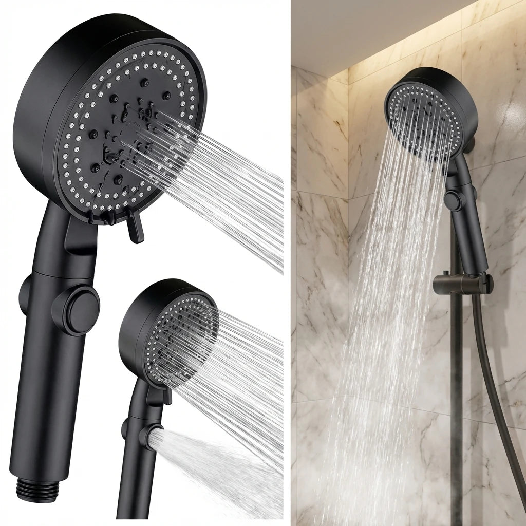 Adjustable High Pressure Shower Head with 5 Modes Water Saving One-Key Stop Spray Nozzle - Bathroom Shower Accessories with Hose