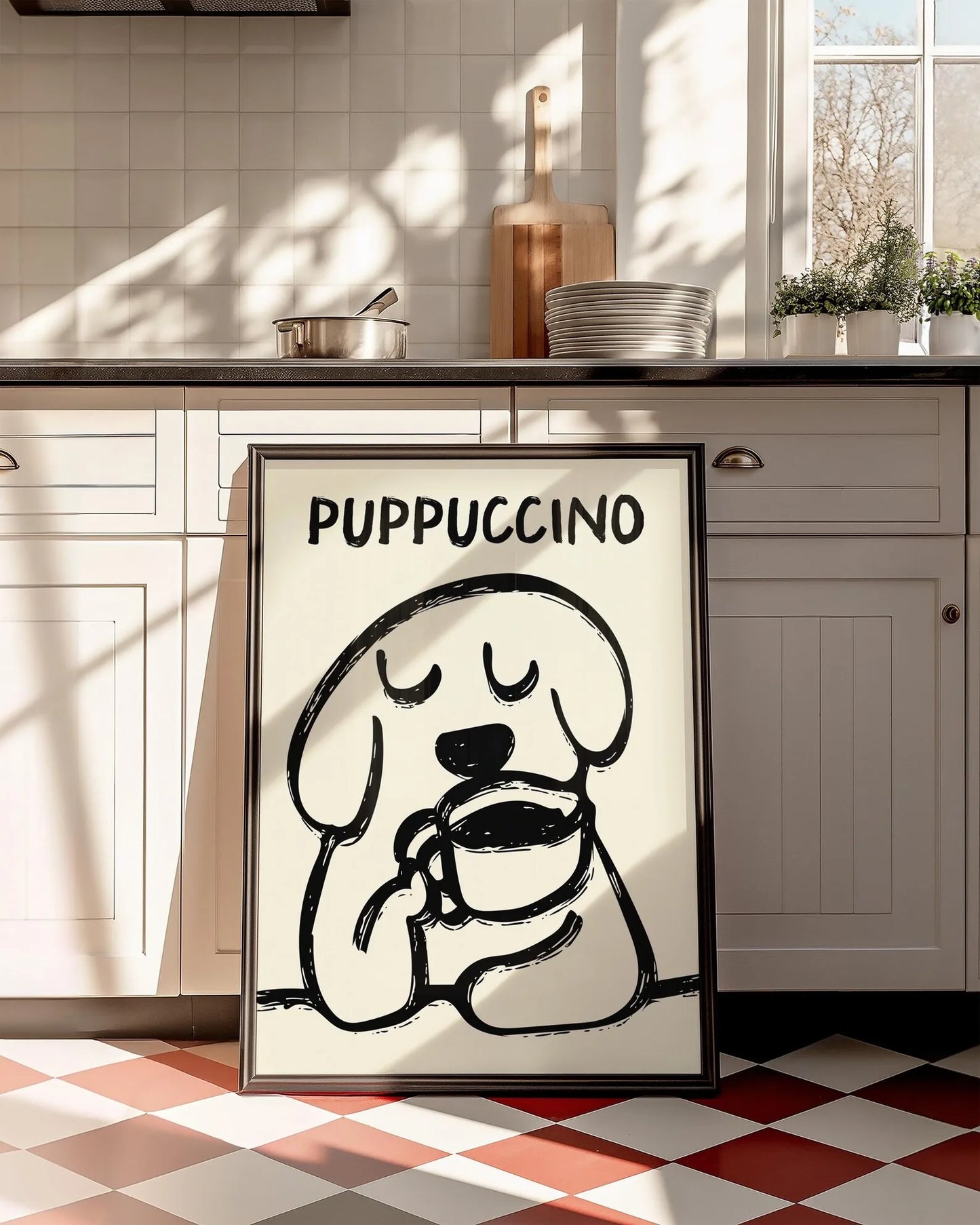 Retro Bonjour Dog Coffee Canvas Print Funny Dog Coffee Club Kitchen Wall Art Poster for Modern Living Room Bedroom Home Decor