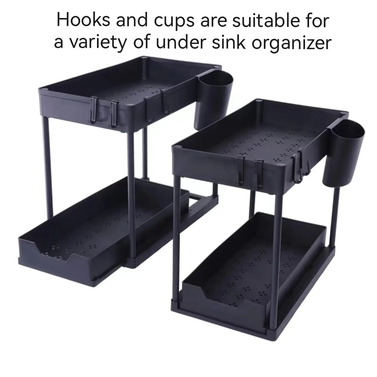 Under Sink Organizers 2 Tier Under Bathroom Cabinet Holder with Hooks & Hanging Cup, Multi-Purpose Storage Shelf for  Kitchen