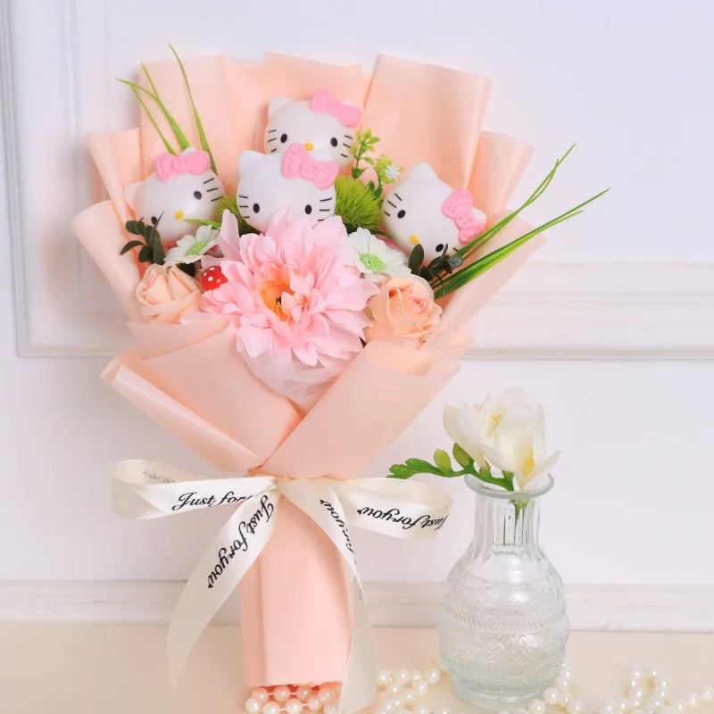 Kawaii Hello Kitty Cat Dolls With Artificial Flowers Creative Bouquet Christmas Valentine Birthday Graduation Gifts