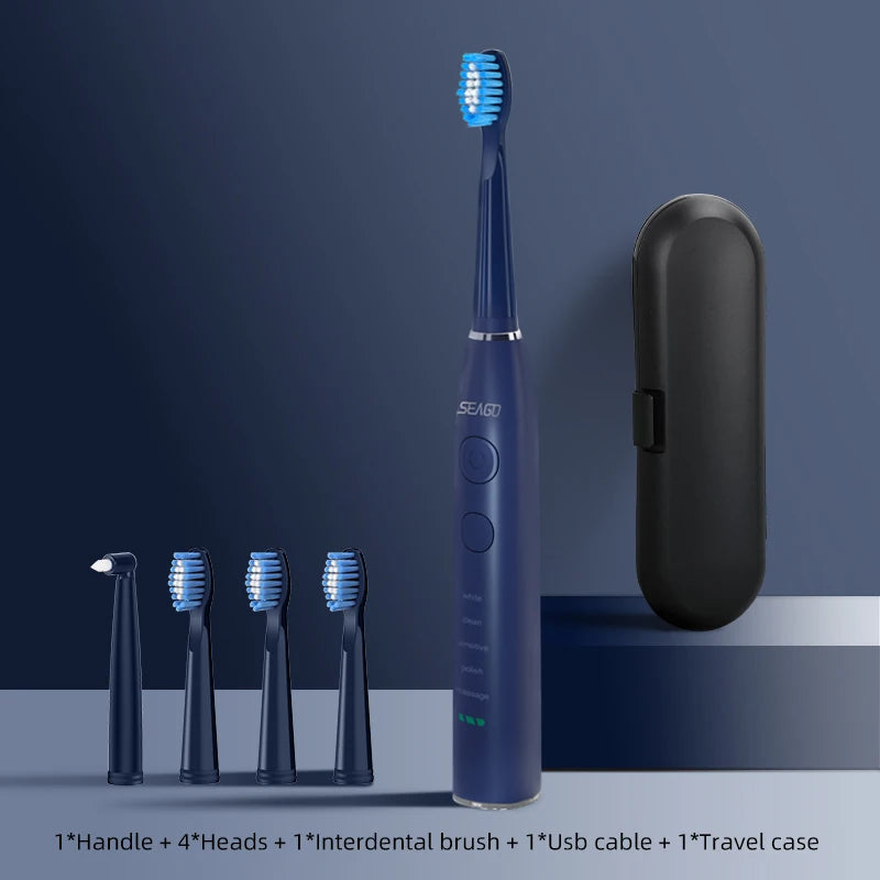 Seago Electric Toothbrush USB Rechargeable Adult 360 Days Long Battery Life IPX7 4 Replacement Heads Travel Box  SG-575