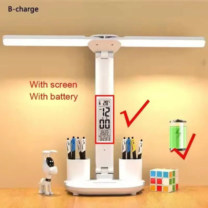 LED Table Lamp Double-Headed USB Chargeable Dimmable Desk Lamp with Calendar Clock Foldable Eye Protection Reading Night Light