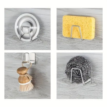 2PCS Stainless Steel Sink Sponge Holder Self Adhesive Drain Drying Rack Wall Hooks Accessories Storage Organizer
