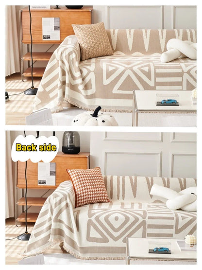 Boho Style Chenille Sofa Towel with Tassels, Double-side, for Living Room Camping Picnic Large Blanket Leisure Relax Beach Towel