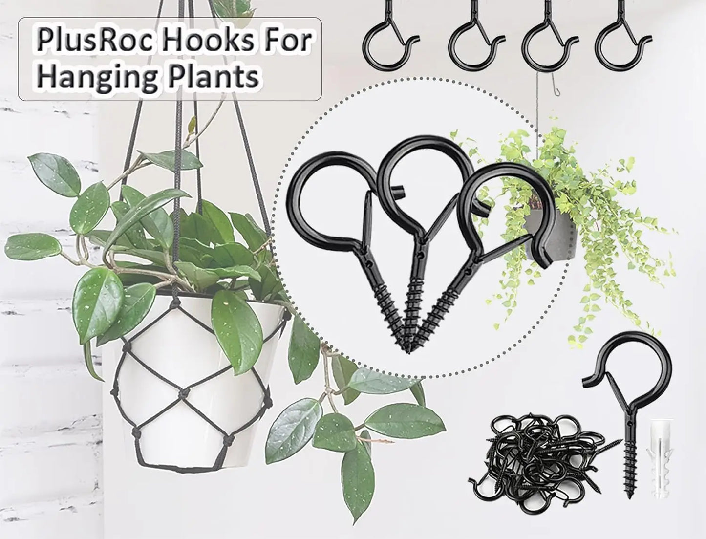 20 Pack Screw Hooks for Hanging Plants / String Lights, Heavy Duty 2.2 Inch Black Eye Hook Screw Cup Ceiling Hook Q-Hanger