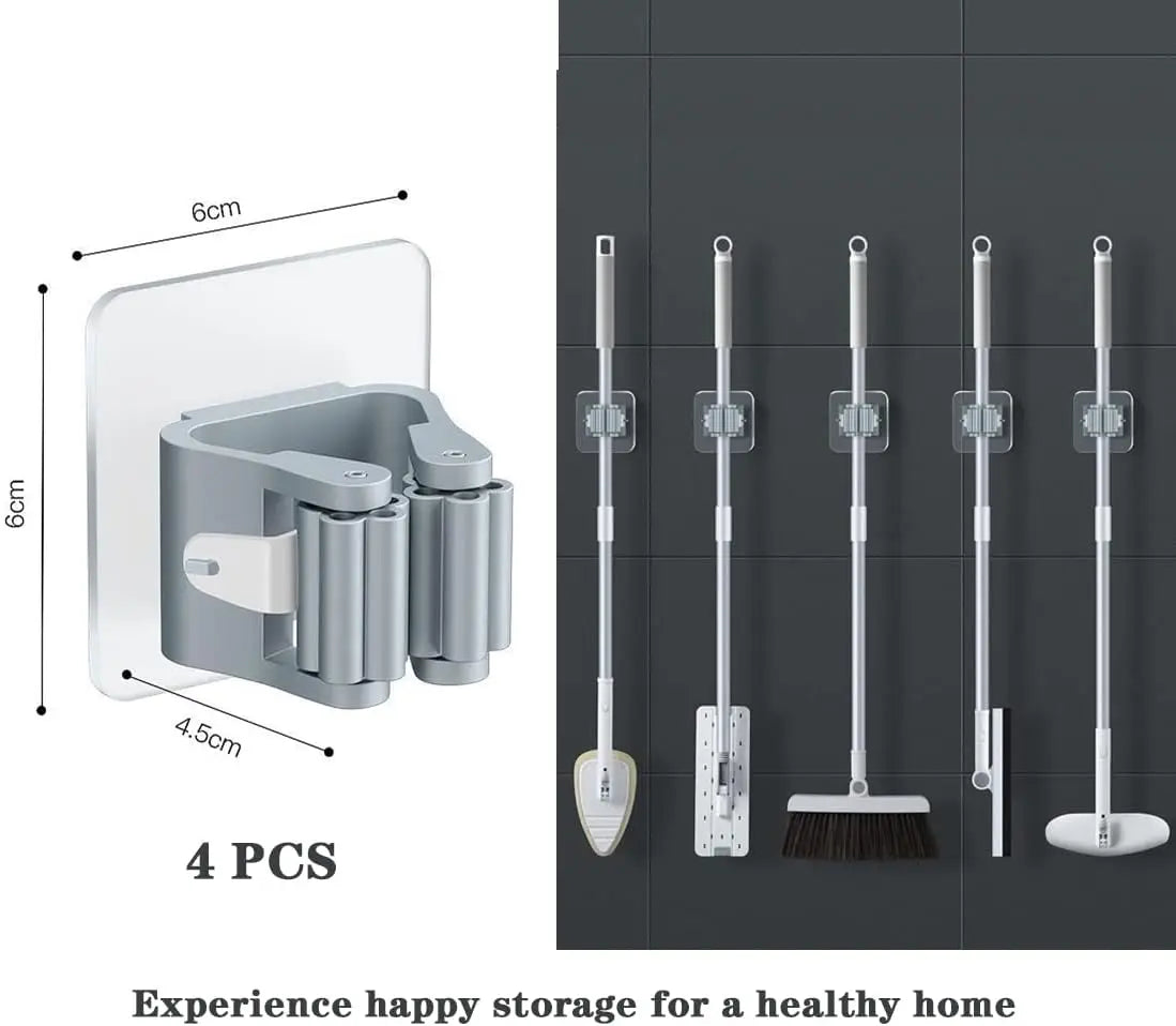 4Pcs Self Adhesive Mop Holder Broom Holder Wall Mounted White Mop And Broom Holder No Drill Wall Mounted Organizer Clip Wall Mou