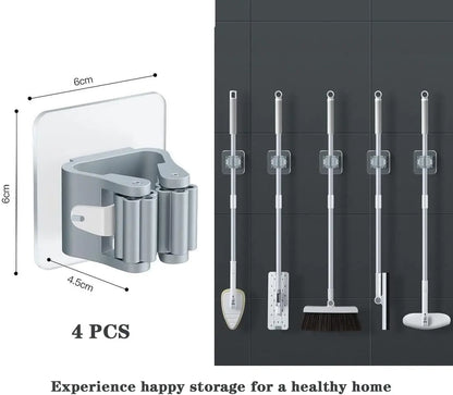 4Pcs Self Adhesive Mop Holder Broom Holder Wall Mounted White Mop And Broom Holder No Drill Wall Mounted Organizer Clip Wall Mou