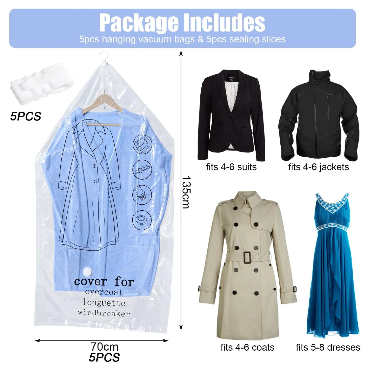 Hanging Vacuum Space Saver Bags Closet Organizer Storage Bags, Vacuum Seal Clear Bags for Clothes, Suits, Dress Or Jacke