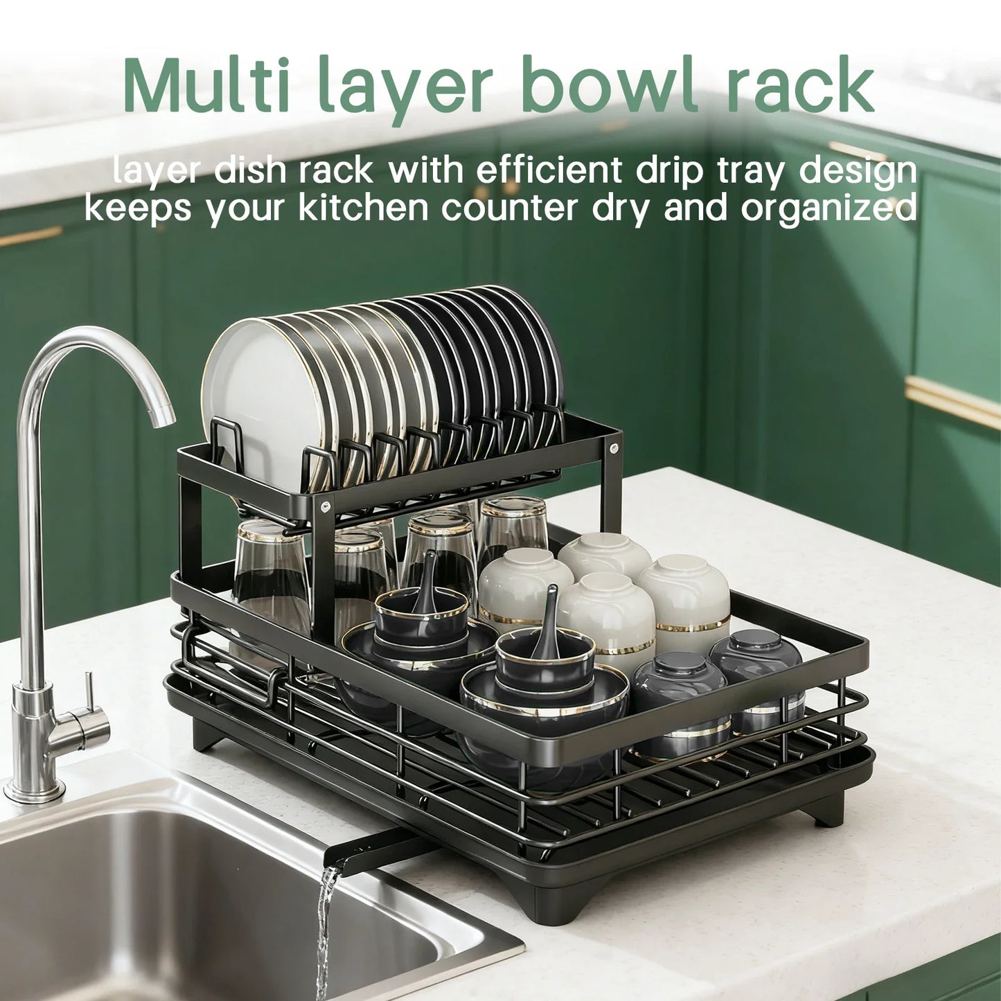 2-layer dish drain rack is suitable for kitchen countertop metal dish drain rack with knife cup tableware rack with drain, glass