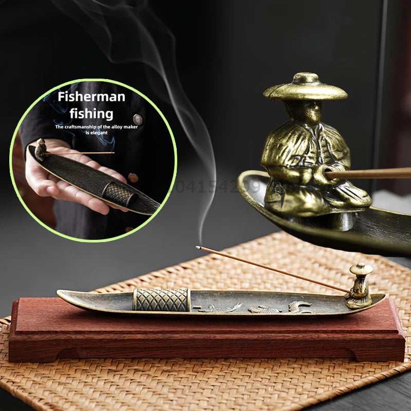 Japanese Style 21cm Zen Fishing Man Incense Burner Metal One Leaf Sandalwood Incense Sticks Holder Alloy Home Decor Ornaments