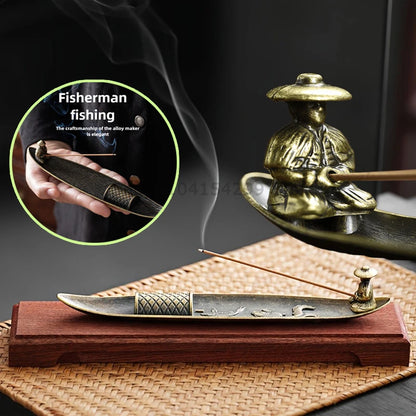 Japanese Style 21cm Zen Fishing Man Incense Burner Metal One Leaf Sandalwood Incense Sticks Holder Alloy Home Decor Ornaments