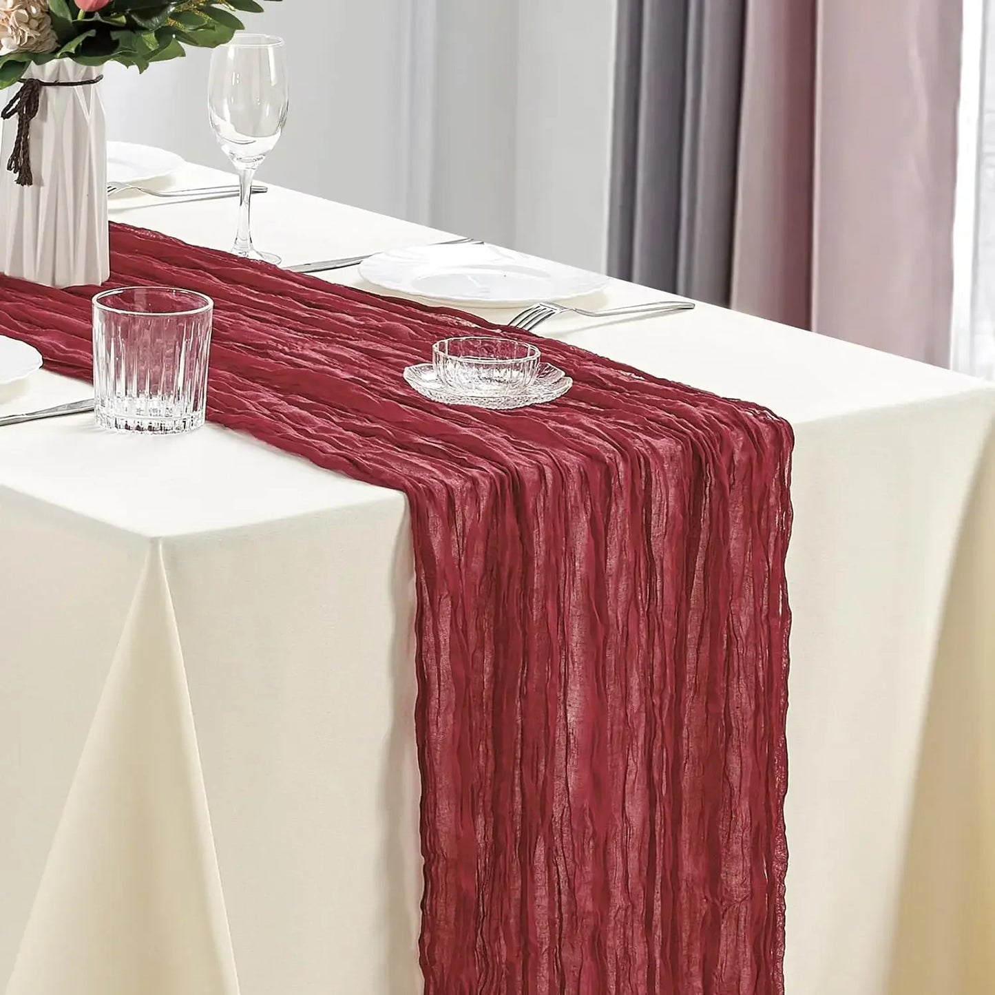 Boho Cheesecloth Table Runner, Semi-Sheer Gauze Fabric Rustic TableRunner for Wedding Bridal Shower Party Banquet