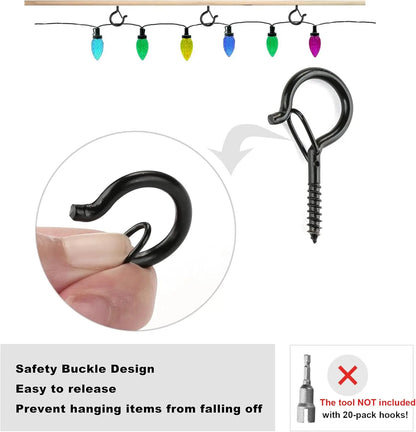 20 Pack Screw Hooks for Hanging Plants / String Lights, Heavy Duty 2.2 Inch Black Eye Hook Screw Cup Ceiling Hook Q-Hanger