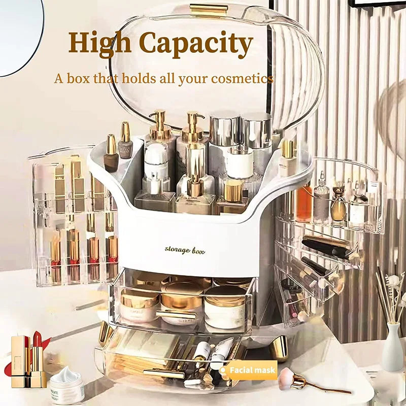 Cosmetic Storage Box with Lid and Drawers, Countertop Makeup Organizer Case, Waterproof & Dustproof Cosmetics Rack