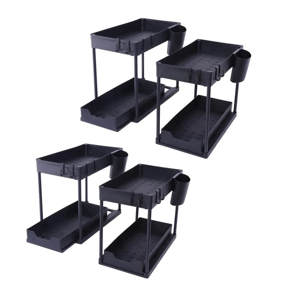 Under Sink Organizers 2 Tier Under Bathroom Cabinet Holder with Hooks & Hanging Cup, Multi-Purpose Storage Shelf for  Kitchen