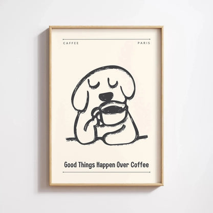 Retro Bonjour Dog Coffee Canvas Print Funny Dog Coffee Club Kitchen Wall Art Poster for Modern Living Room Bedroom Home Decor
