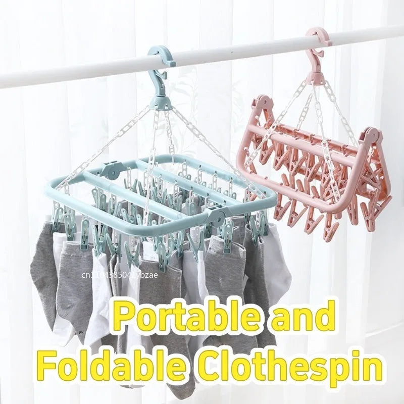 32 Clips Folding Clothes Dryer Hanger Windproof Socks Underwear Drying Rack Household Children Adults Storage Laundry Rack