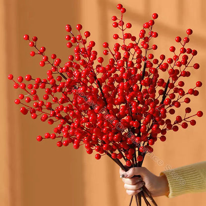 Red Berry Branches Simulation Bouquet Christmas Festival Artificial Decoration Vase Home Decor Yule Wedding Party Fake Flowers