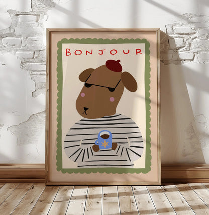 Retro Bonjour Dog Coffee Canvas Print Funny Dog Coffee Club Kitchen Wall Art Poster for Modern Living Room Bedroom Home Decor