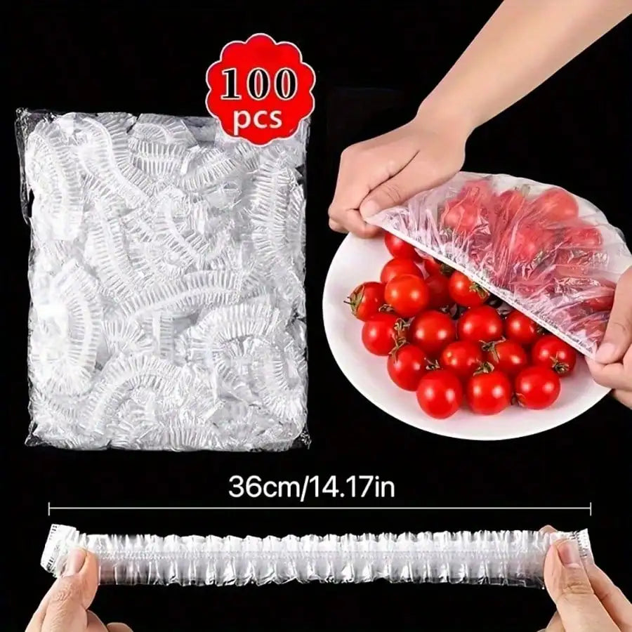 100pcs Disposable Plastic Wrap Bags, Household Plastic Wrap Bags, Elastic Plastic Food Cover Bags, Kitchen Supplies Gadgets