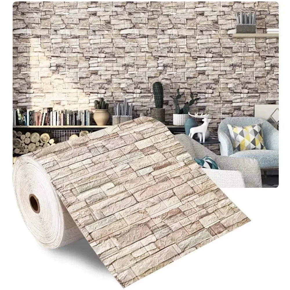 3D Self-Adhesive Wallpaper 70cm*1/5/10m Continuous Waterproof Brick Wall Stickers Living Room Bedroom Children's Room Home Decor