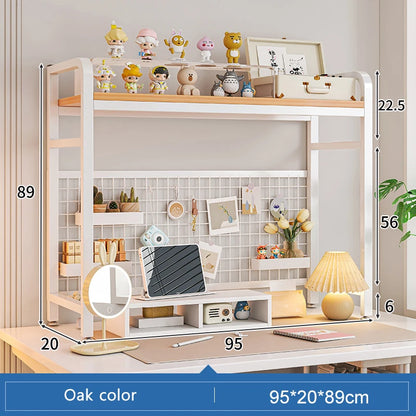 Bookshelf Bookcase With Grid Desktop Multi-layer Wrought Iron Shelf Student Computer Desk Table Hole Board Table Wooden Shelves
