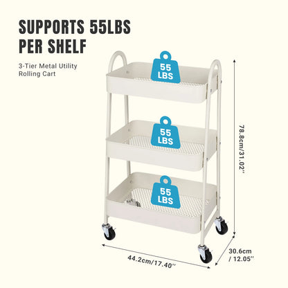 JHK 3 Tier Metal Storage Kitchen Cart with Lockable Wheels Mobile Shelving Unit Utility Rolling Organizer For Home Narrow Places